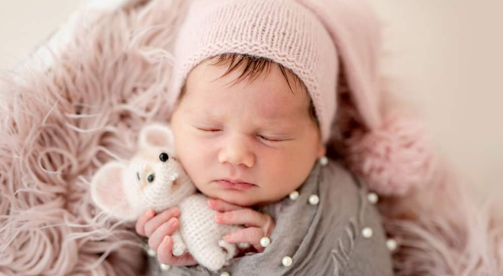 Sleeping newborn baby holding a soft toy, symbolizing successful pregnancy and fertility treatment outcome Sleeping newborn baby holding a soft toy, symbolizing successful pregnancy and fertility treatment outcome